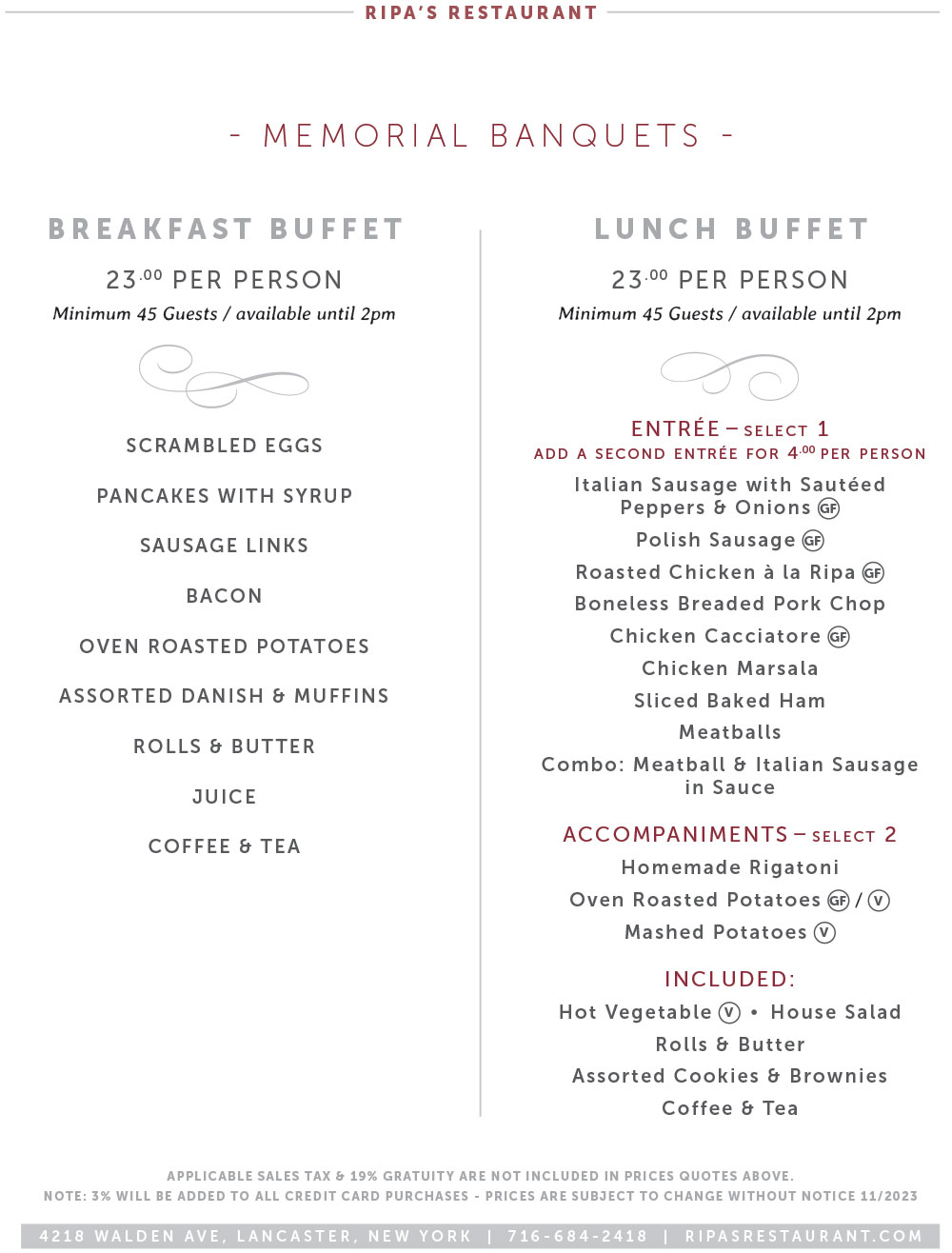 Memorial Banquets Menu 1