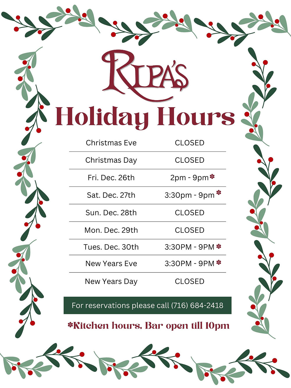 2025 Holiday Hours