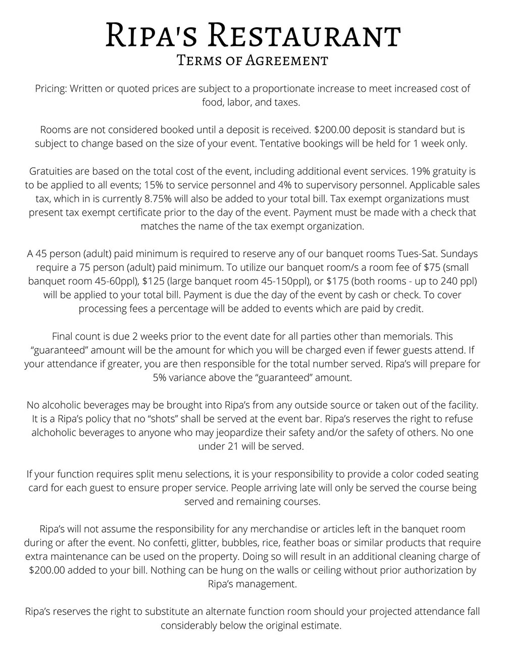 Restaurant Event Terms